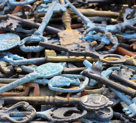 A lot of old metal keys. Vintage, souvenirs, antiquities.