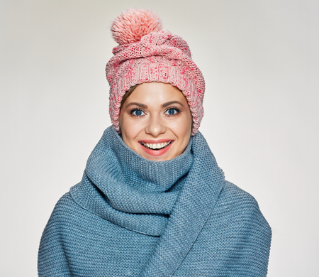 Happy woman wearing winter scarfの写真素材