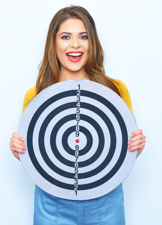 Smiling woman hold round target.の写真素材