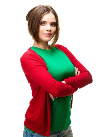 Joyful young woman portrait isolated on whiteの写真素材