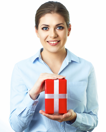 Business woman isolated portrait with red gift box.の写真素材