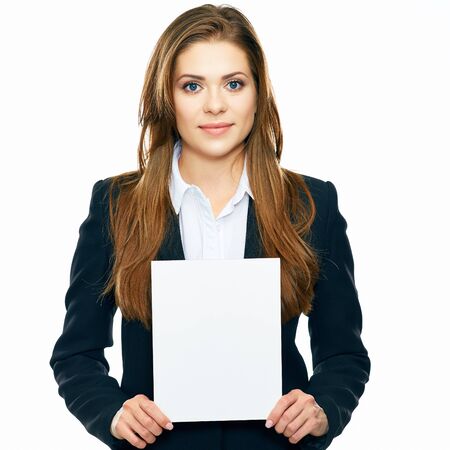 Business woman show board, banner with copy space. smiling woman with long hair. white background isolated.の写真素材