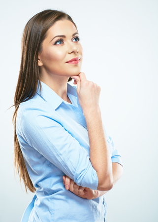 Thinking business woman portrait. Isolated studio portrait.の写真素材