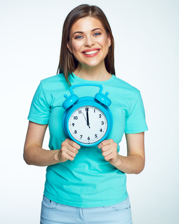 Late for work place to complete your career. Isolated concept portrait of woman with watch.
