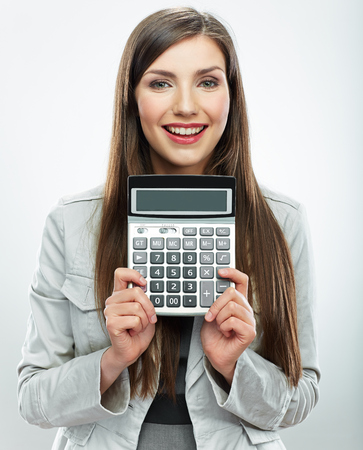 Woman accountant portrait. Young business woman. White background isolated.の写真素材