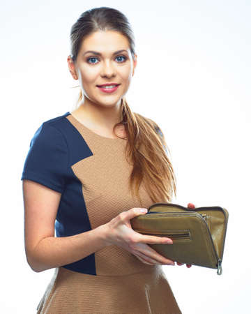 Business woman hold credit card, white background  portrait. Female business model. Smiling girl...