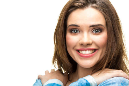 Young woman portrait with toothy smile isolated on white background