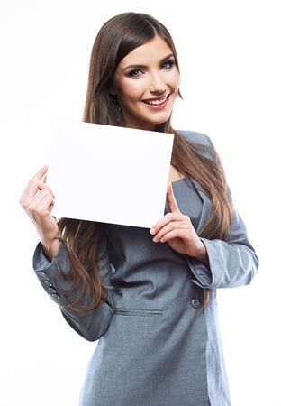 Smile Business woman portrait with blank white board on white isolated . Female model with long hair.の写真素材