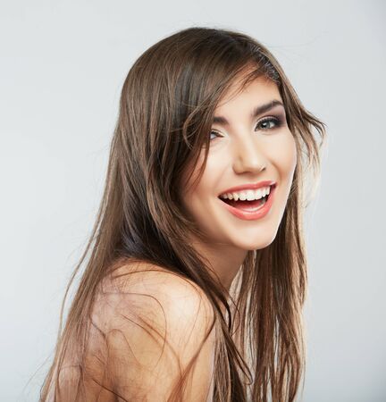 Woman hair style fashion portrait. isolated. close up female face. Long hair.の写真素材