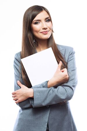 Smile Business woman portrait with blank white board on white isolated . Female model with long hair.の写真素材