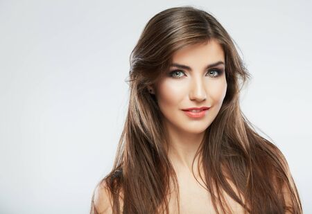 Woman hair style fashion portrait. isolated. close up female face. Long hair.