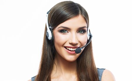 Smiling woman operator isolated on white background. Female business model.の写真素材