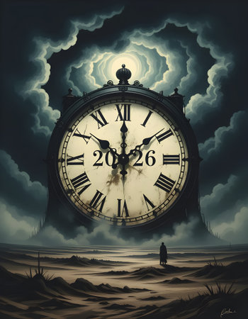An ultra-realistic photograph of a massive antique clock with Roman numerals and the numbers "2026" prominently featured on the clock face.の素材