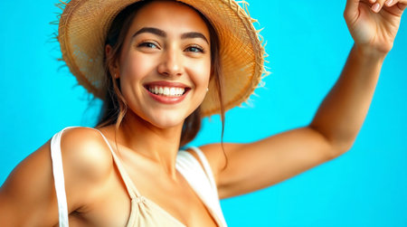 Portrait of a smiling young woman in straw hat on blue backgroundの素材