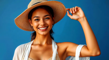 Portrait of a beautiful young woman in a hat on a blue backgroundの素材