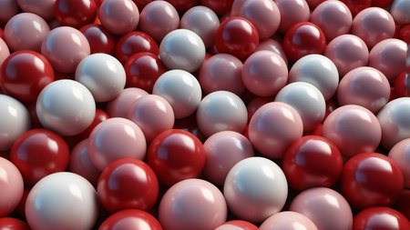 3d rendering of a lot of white and red balls in a rowの素材