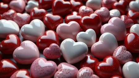 Valentines day background with red and white hearts. 3d renderingの素材