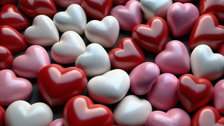 Valentines day background with red and white hearts. 3d renderの素材