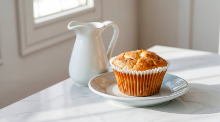 Muffin with milk jug on white marble table, stock photoの素材