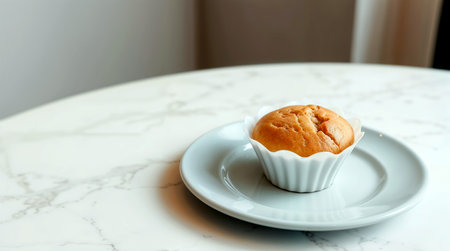 Fresh baked muffin in a white plate on a white marble tableの素材