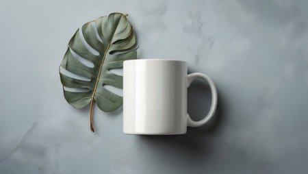Cup of coffee with monstera leafle background, top viewの素材