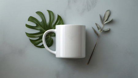 White mug with tropical leaves on a marble background. Flat lay, top view.の素材