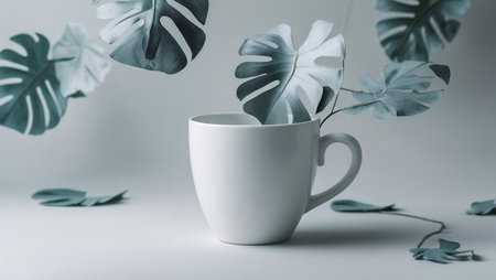 White cup with monstera leaves on white background. Minimal styleの素材