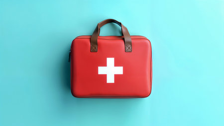 First aid kit isolated on blue background. 3d illustration. Top view.の素材