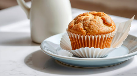 Fresh baked muffin on a plate with milk jug in the backgroundの素材