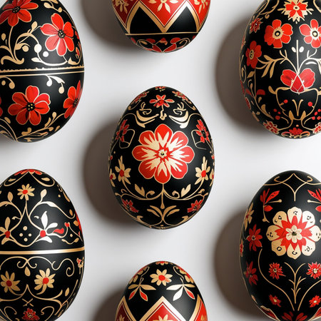 Painted Easter eggs with floral pattern on white background. Top view.の素材