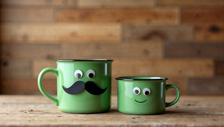 Two green mugs with a mustache on a wooden background, vintage styleの素材