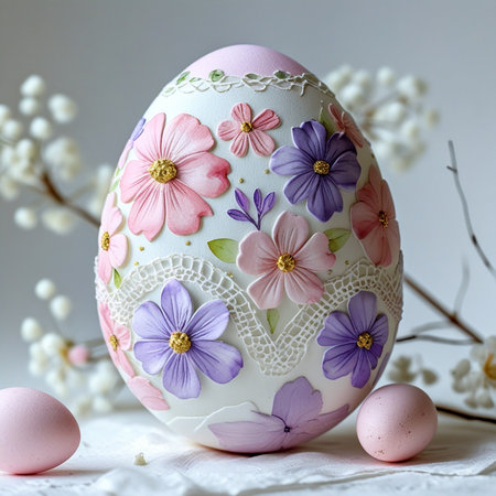 Easter egg decorated with floral pattern and spring flowers on a white backgroundの素材