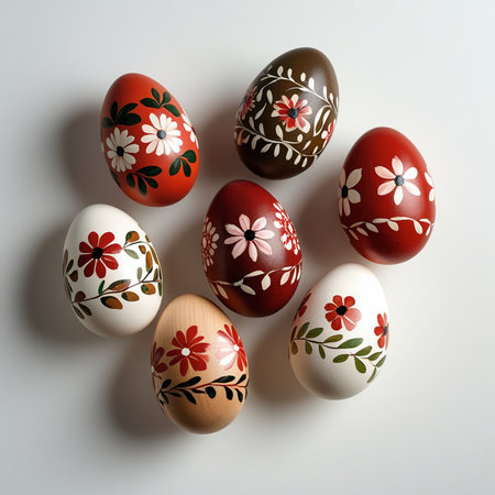 Painted Easter eggs on white background. Top view, flat layの素材