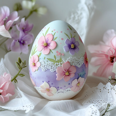 Easter egg painted in pastel colors with flowers on a white lace backgroundの素材