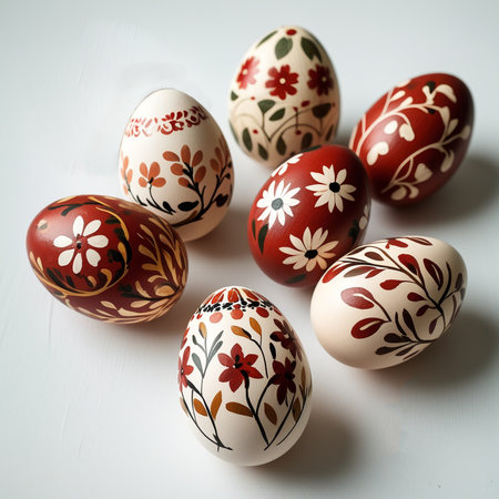 Easter eggs painted in traditional Ukrainian folk style on a white backgroundの素材