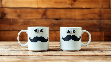 Coffee cup with mustache on wooden background - Vintage filter effectの素材