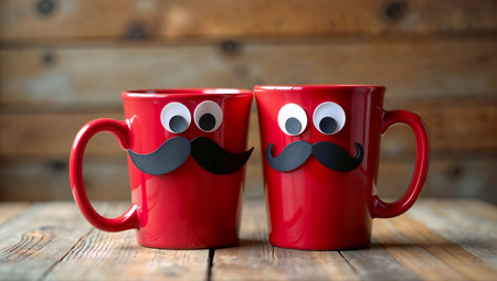 Two red mugs with mustache on a wooden background. Vintage style.の素材