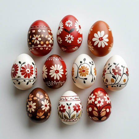Painted easter eggs on a white background. Top view.の素材