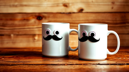 Two white mugs with funny moustache on a wooden backgroundの素材