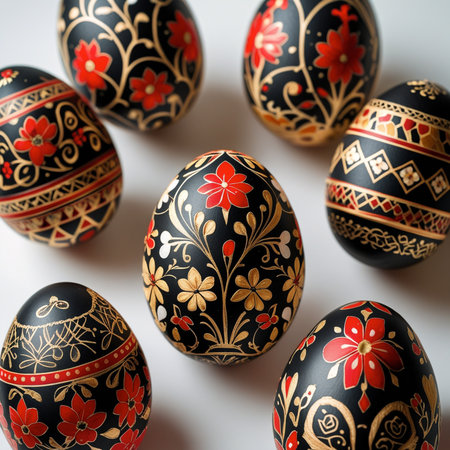 Easter eggs painted in traditional Ukrainian folk style on a white backgroundの素材