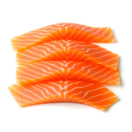 Sliced salmon fish fillet isolated on white background cutoutの素材