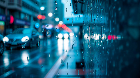 Rain drops on the glass of a car. Blurred background.の素材