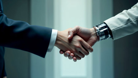 Business people shaking hands, finishing up a meeting, close-upの素材