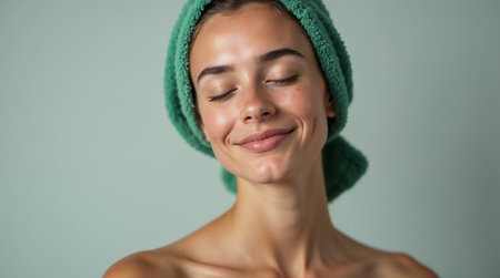 Portrait of a beautiful young woman with green towel on her headの素材