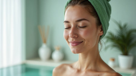 Beautiful young woman with green towel on her head, looking at camera and smilingの素材
