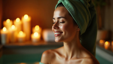 Beautiful young woman with towel on head relaxing in spa salon.の素材