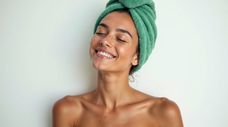Beautiful young woman with a green towel on her head smiling.の素材