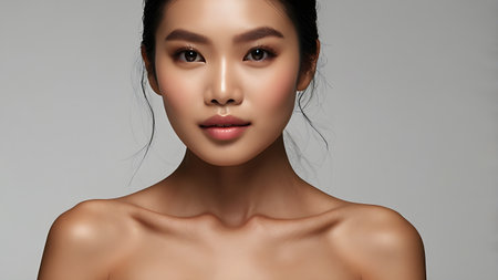 Beautiful young asian woman with clean fresh skin, on grey background.の素材