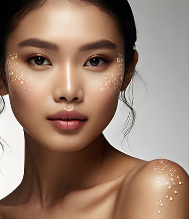 Beautiful young asian woman with glitter on face. Skin care concept.の素材