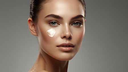 Beautiful young woman with cream on her face. Skincare concept.の素材